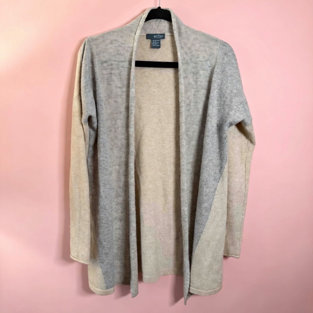 Griffen Cashmere Women Tan Grey Colorblock Open Front Cardigan Sweater Medium